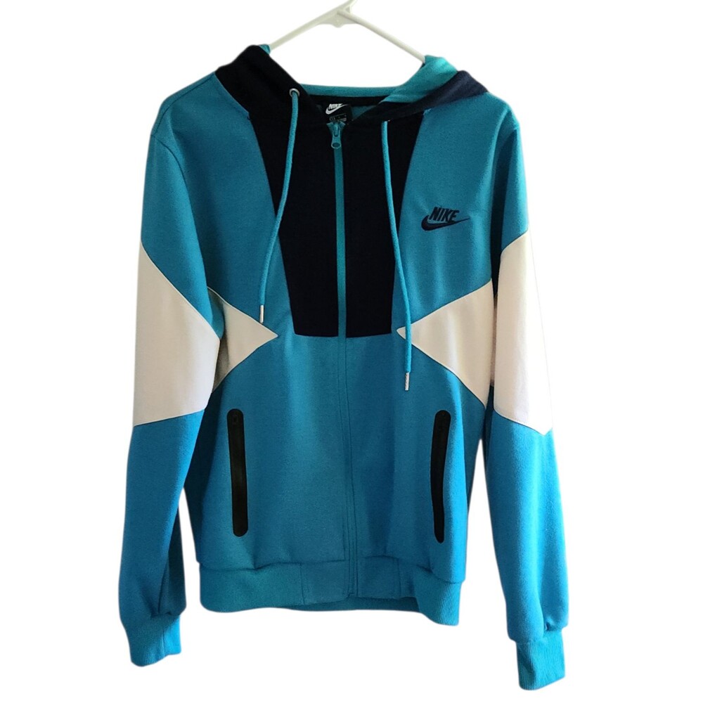 90s Nike Hooded Sweatshirt Jacket Full Zip Teal Off-White Navy Colorblock Size S
